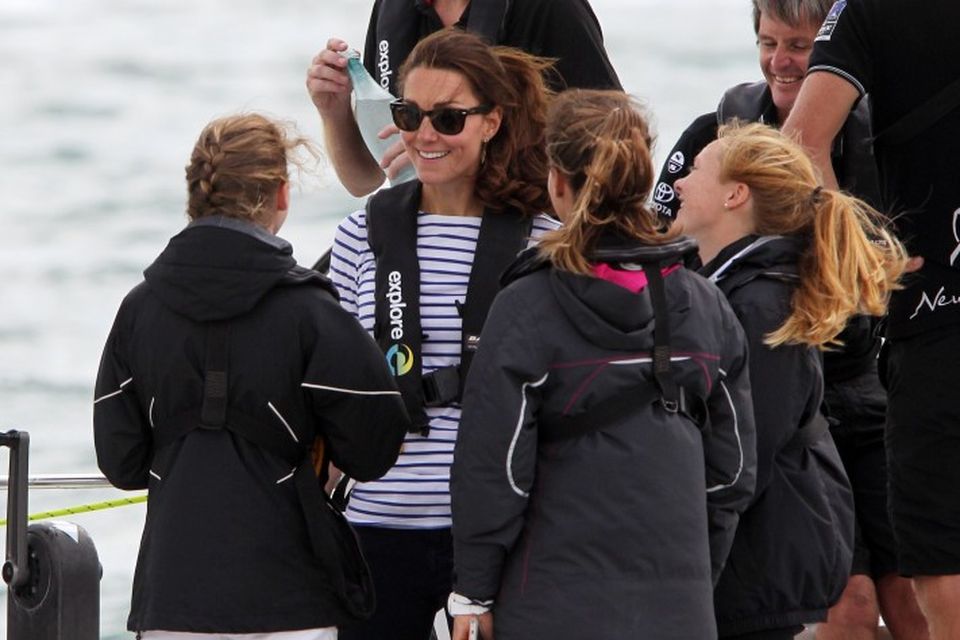 Catherine, Duchess of Cambridge, races with Team New Zealand during a match race on Waitemata …