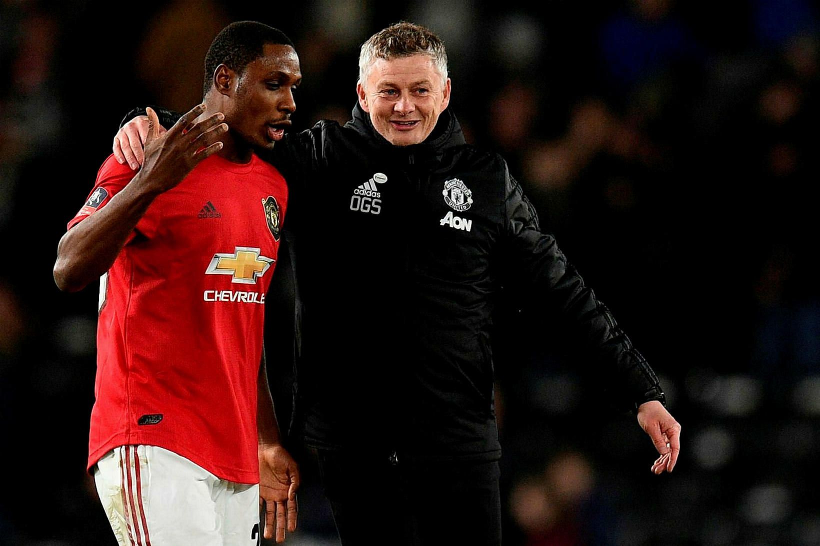 Odion Ighalo og Ole Gunnar Solskjær, knattspyrnustjóri Manchester United, á …