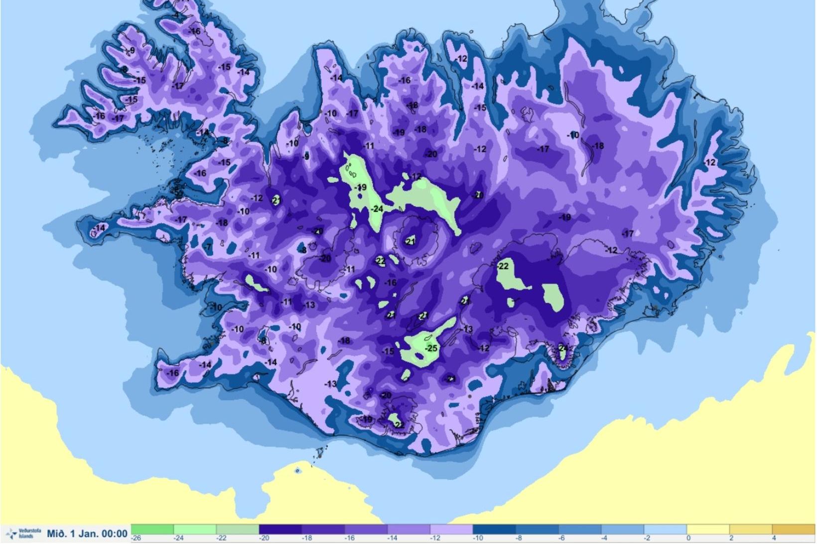 Hitaspá um miðnætti á gamlárskvöld.