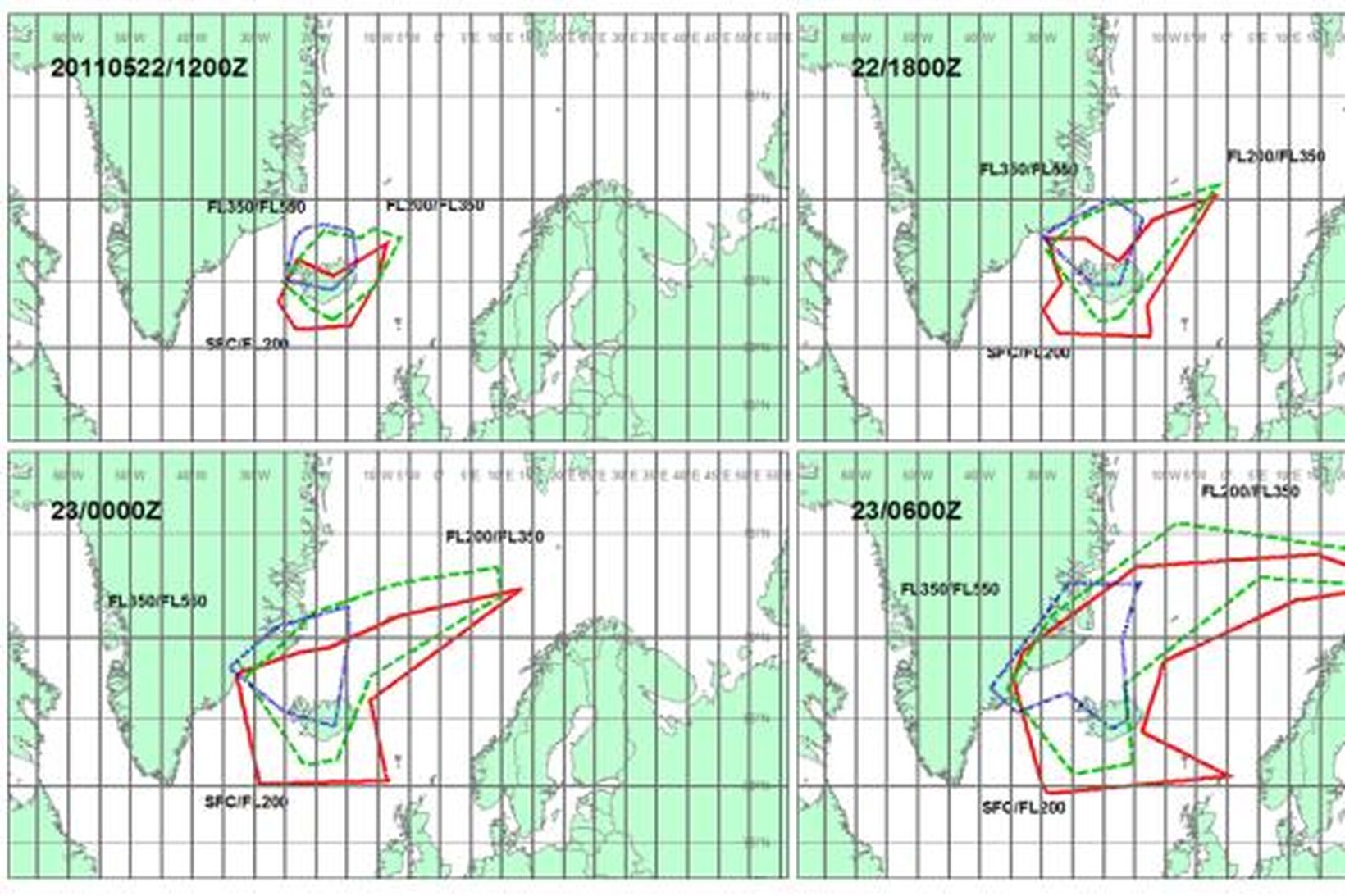 Öskukortin sýna dreifingu öskunnar yfir landinu og á Norður-Atlantshafinu.