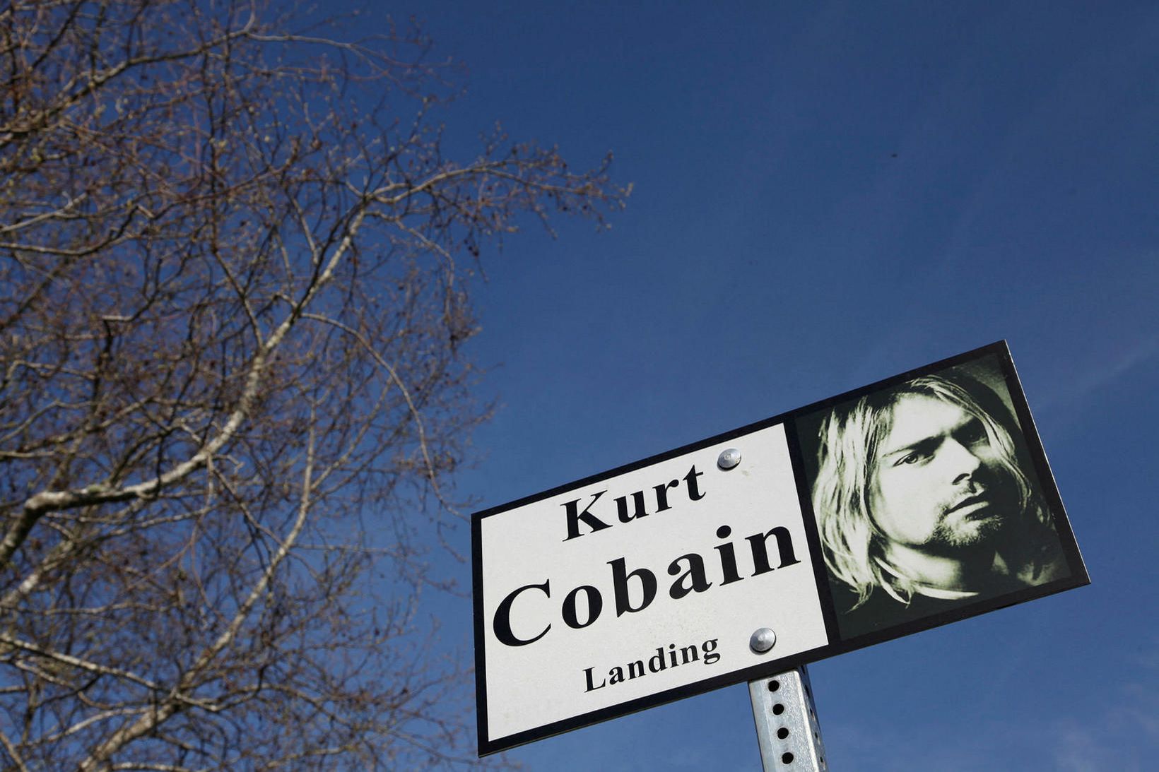 Mynd af Kurt Cobain í garði sem tileinkaður er honum …