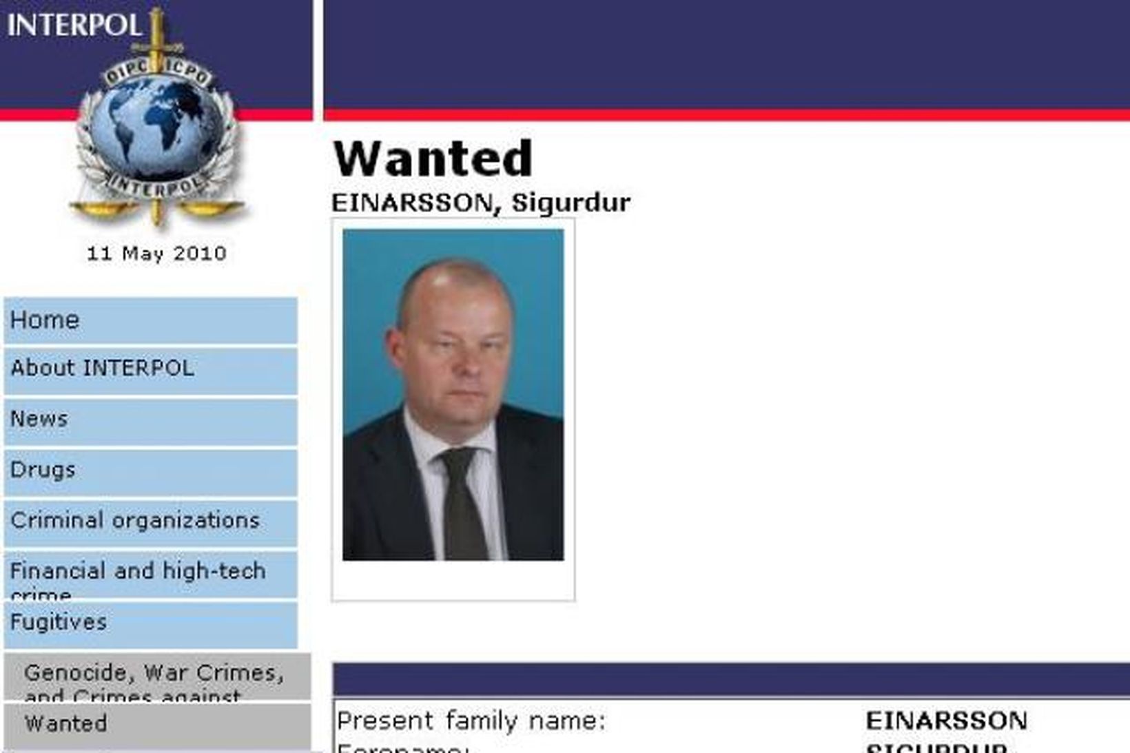 Sigurður Einarsson er eftirlýstur á vef Interpol.