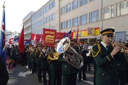 Lúðrasveit verkalýðsins fór fyrir göngunni niður Laugaveg í Reykjavík.