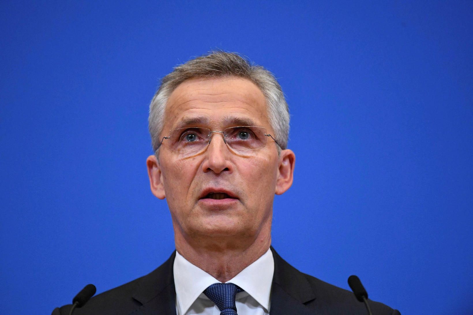 Stoltenberg á blaðamannafundinum sem hófst klukkan 16.