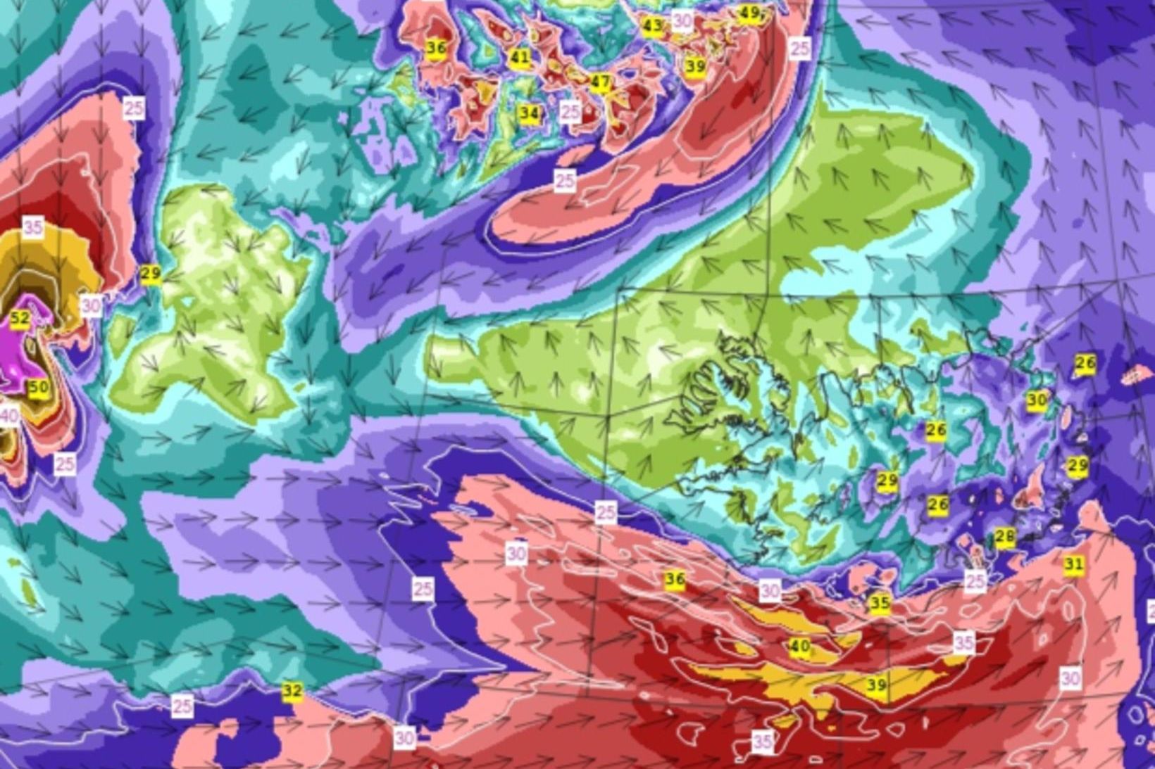 Kortið sýnir vindaspá á morgun.