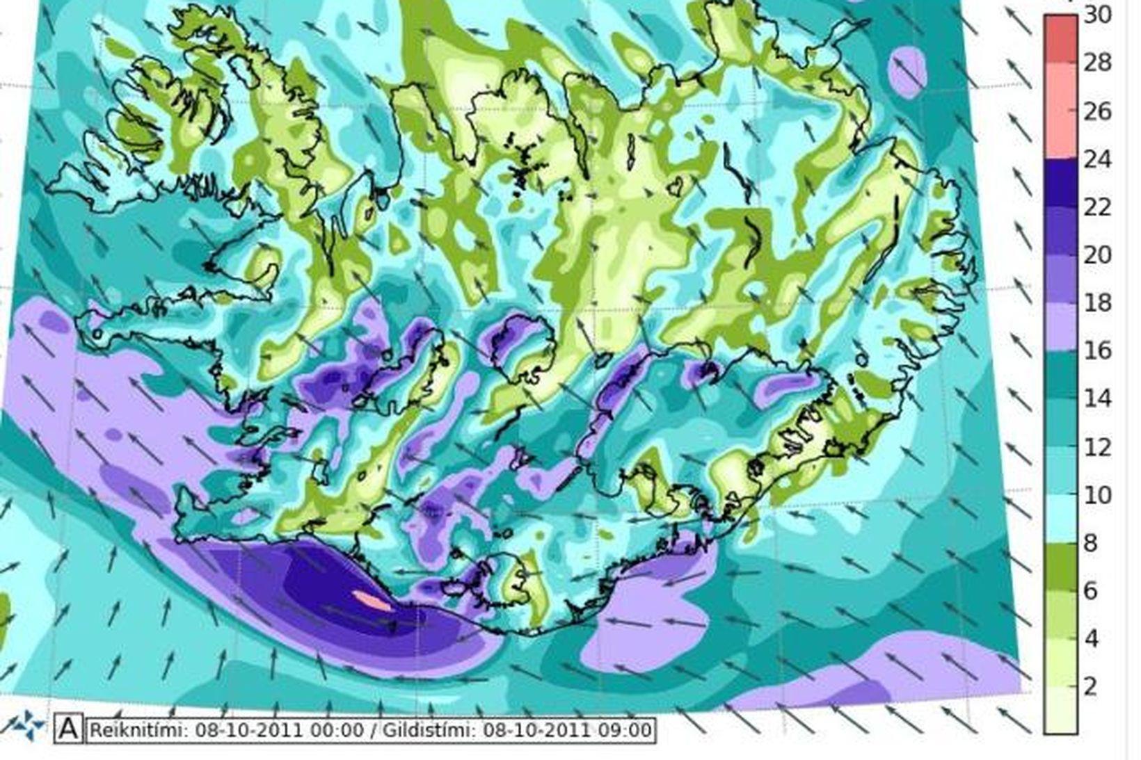 Vindaspá Veðurstofu kl. 9 í dag.