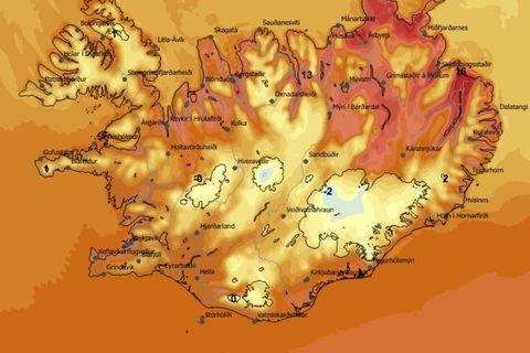 Hitaspá á landinu klukkan 14 í dag.