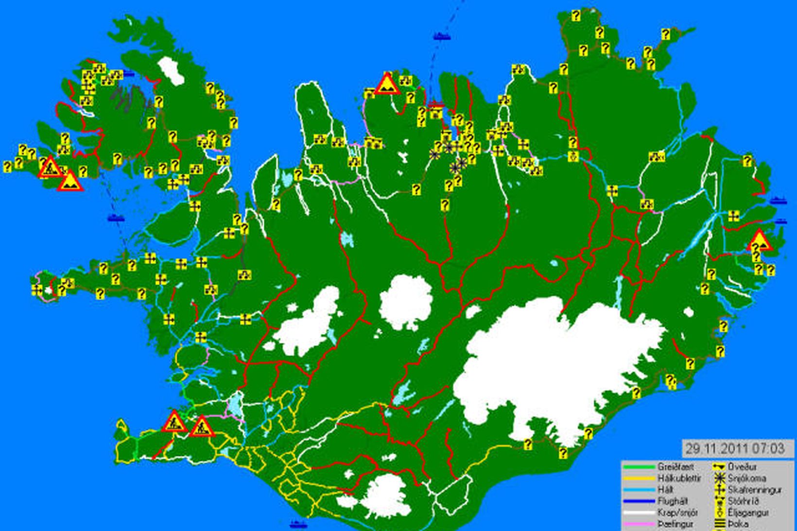 Eins og sjá má er víða ófærð eða óvissa um …