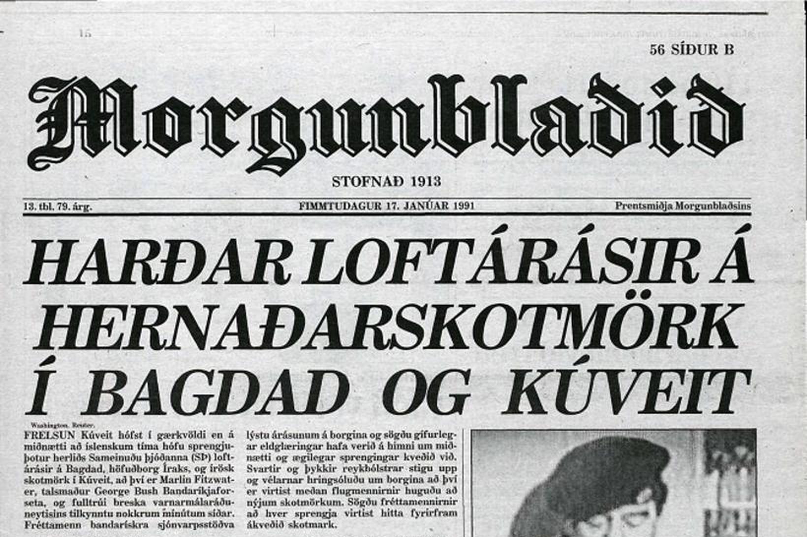 Forsíða Morgunblaðsins 17. janúar 1991.