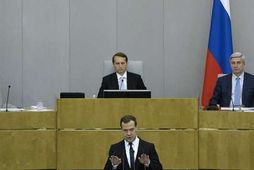 Dmitry Medvedev á rússneska þinginu í dag.