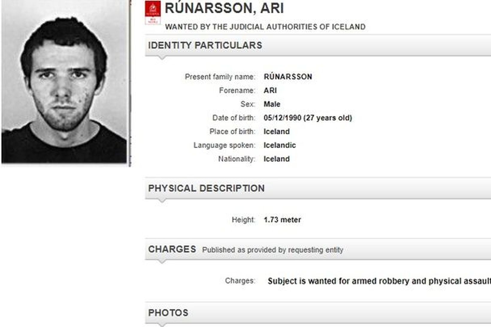 Ari Rúnarsson er eftirlýstur af Interpol.