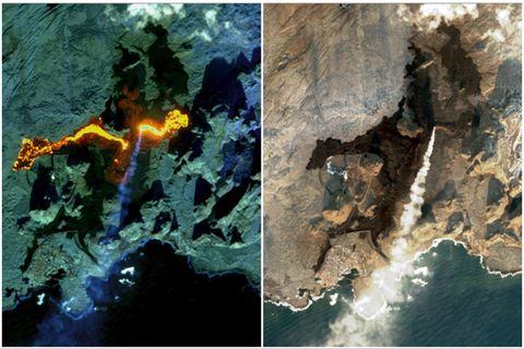 Gervitungl Nasa, Landsat-8, tók þessar myndir úr lofti af gosstöðvunum fyrr í dag.