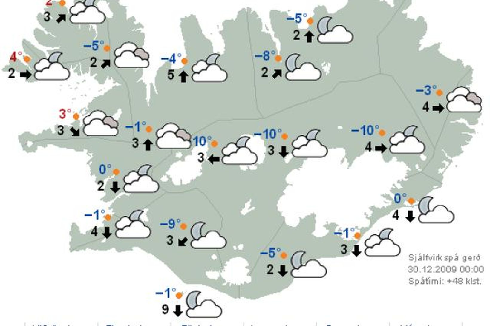 Sjálfvirkt spákort Veðurstofunnar frá miðnætti sýnir skýjað veður um allt …