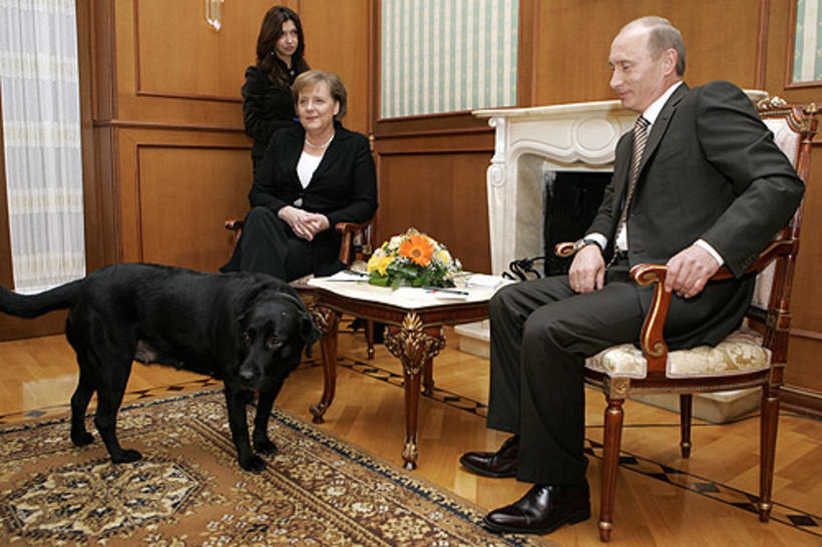 Merkel, Konni og Pútín á fundinum sögulega í Sochi.