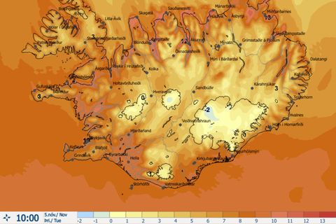 Hitaspáin á landinu kl. 10 í dag.