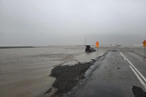 The Ring Road near Jökulsá í Lón, just east of Höfn, was washed out this morning, leaving a 50-meter section destroyed.