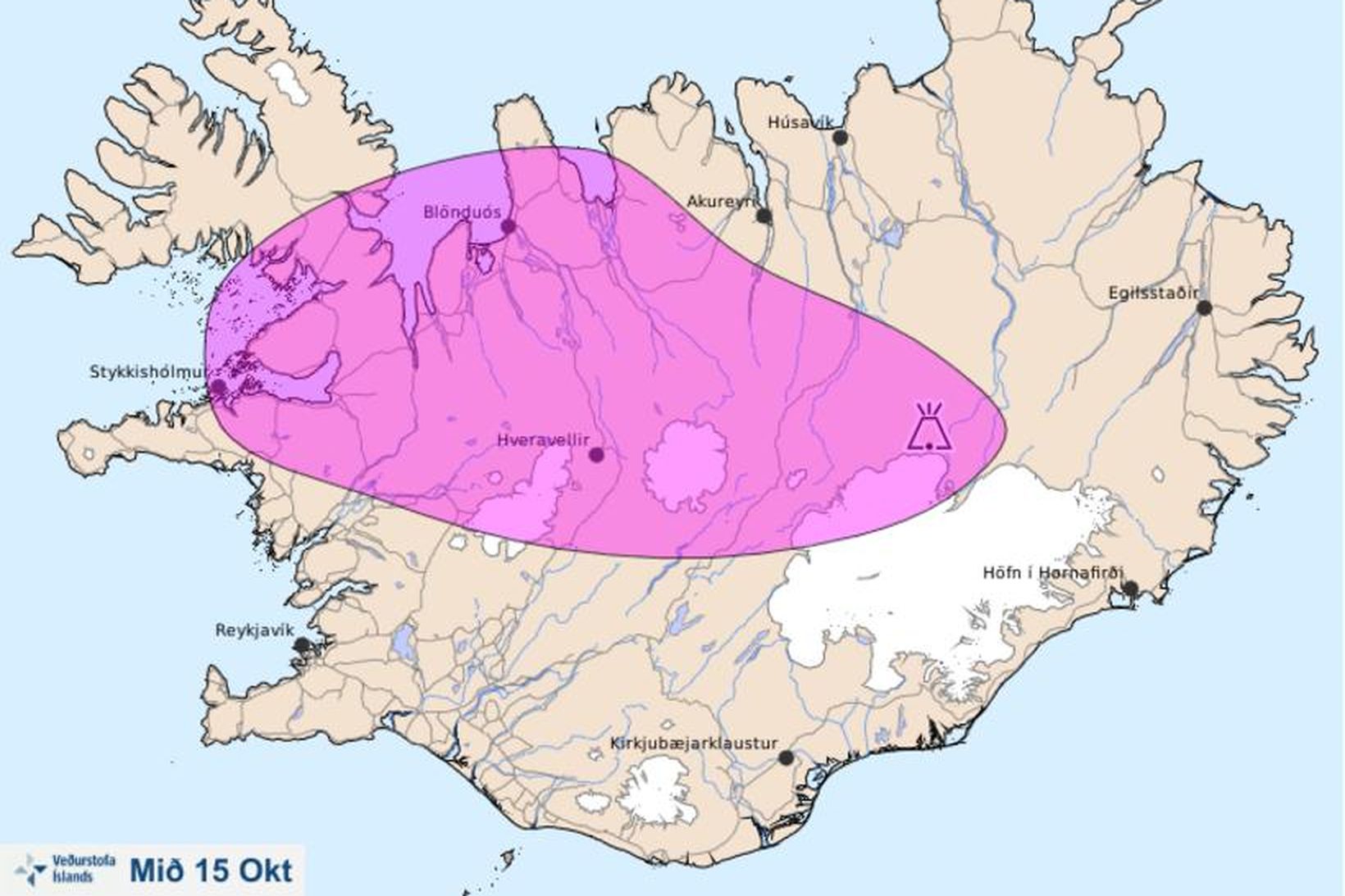 Svona spáir Veðurstofan að gasmengun muni dreifast á morgun.