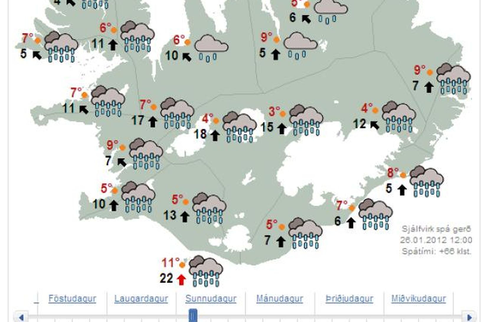 Eins og sjá má er spáð allt að 11 stiga …