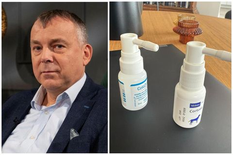 Jón Pétur Zimsen, þingmaður Sjálfstæðisflokksins, ruglaðist á hálsspreyi og eyrnaspreyi hundsins síns, enda eru glösin …