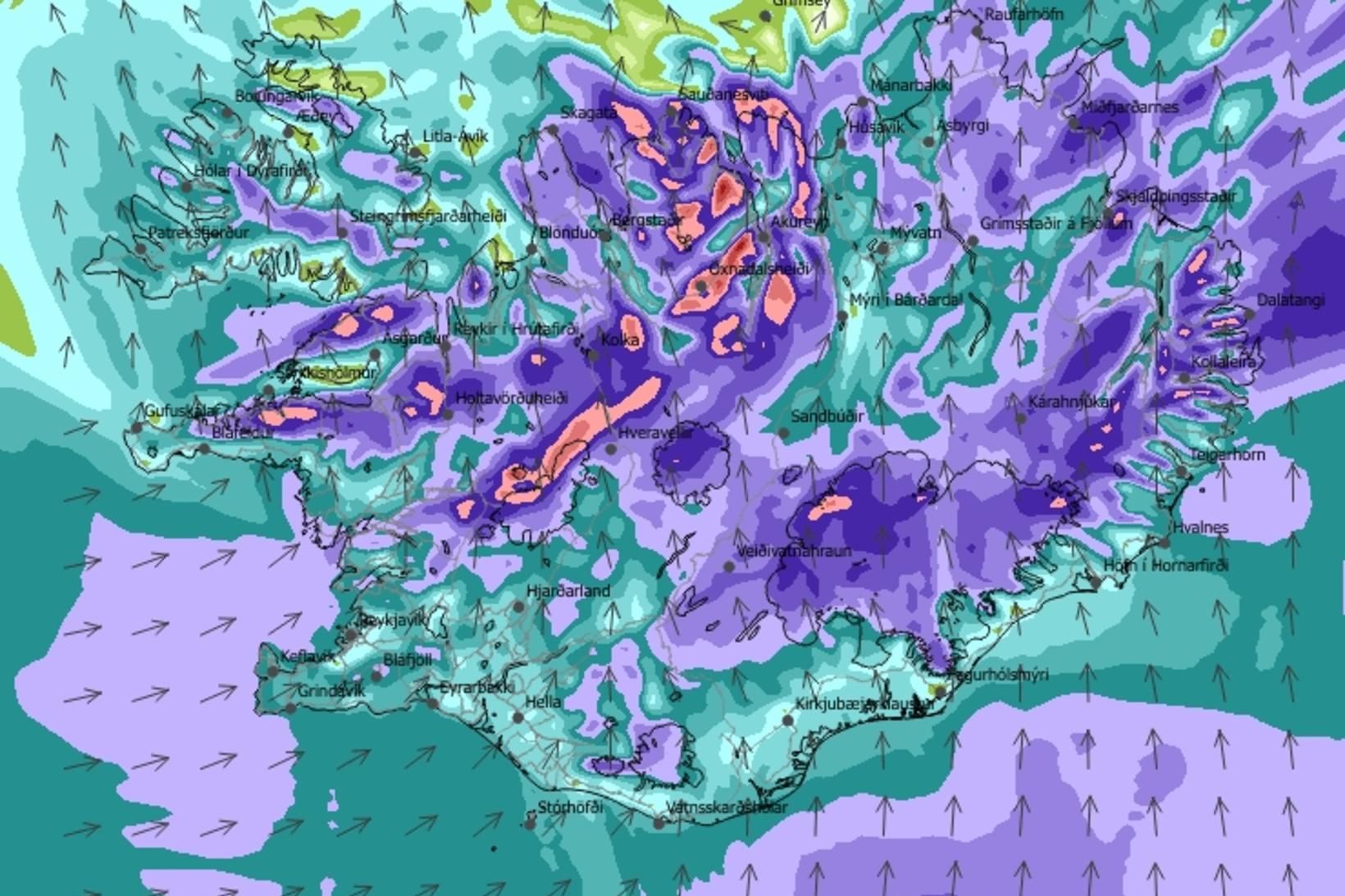 Vindaspá á landinu klukkan 12 á morgun.