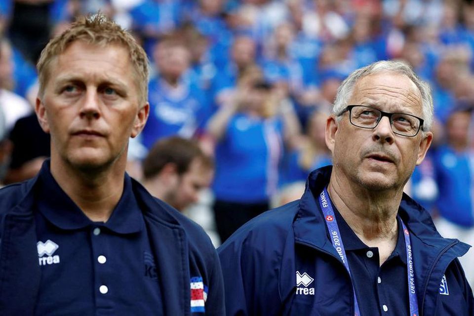 Heimir Hallgrímsson og Lars Lagerbäck, þjálfarar íslenska karlalandsliðsins í knattspyrnu.