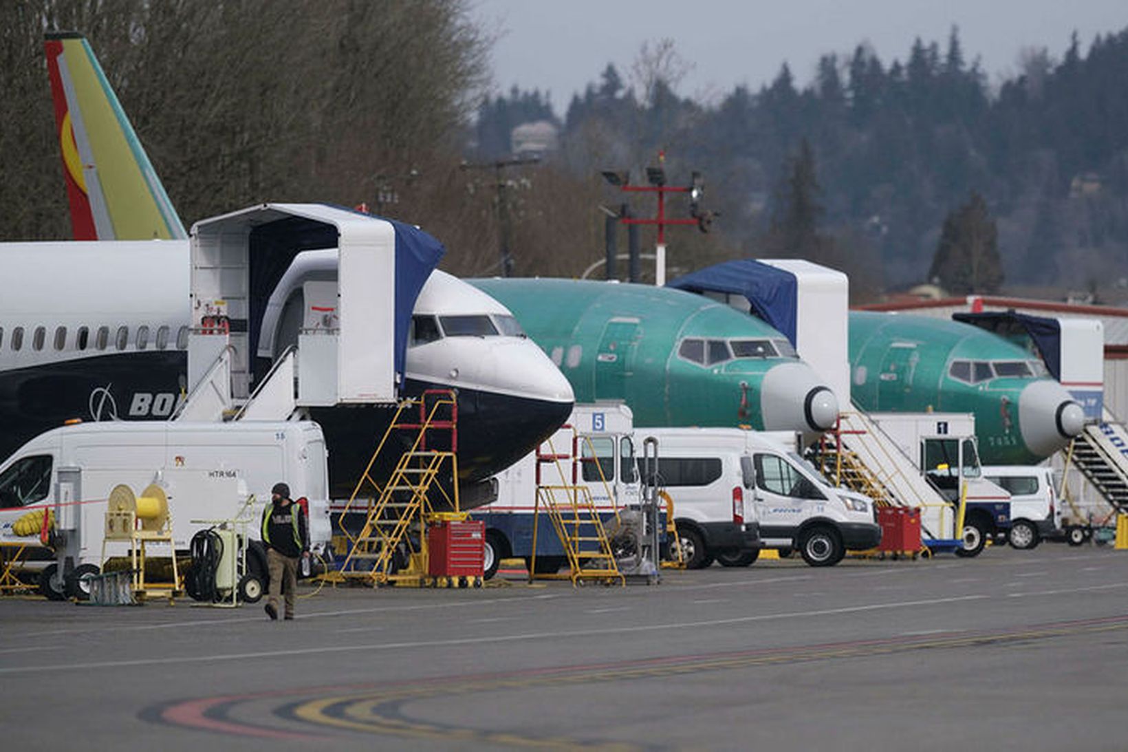 Boeing 737-MAX-flugvélar á flugvellinum í Renton í Washington-ríki í Bandaríkjunum …