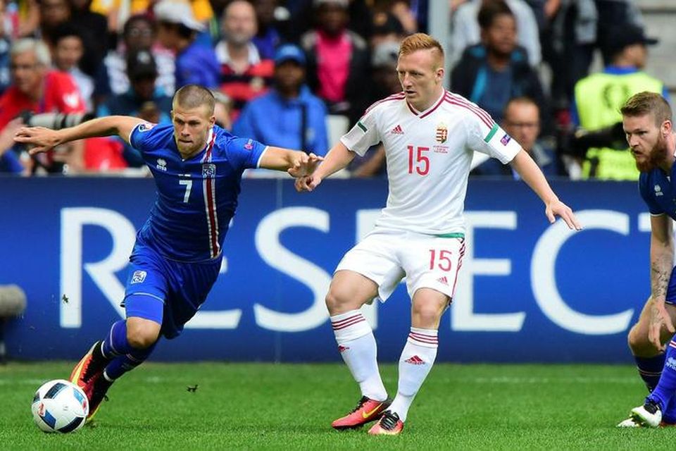 Jóhann Berg Guðmundsson og Aron Einar Gunnarsson verjast í Marseille í dag.