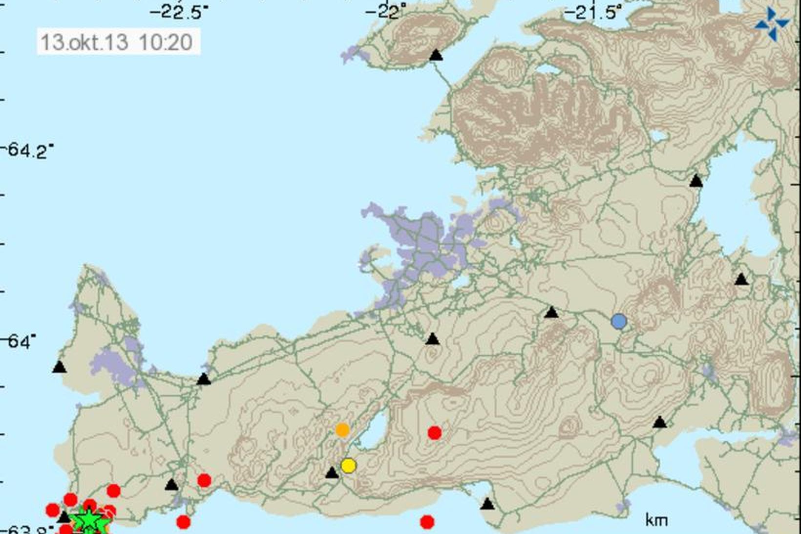 Kort yfir jarðskjálfta við Reykjanestá.