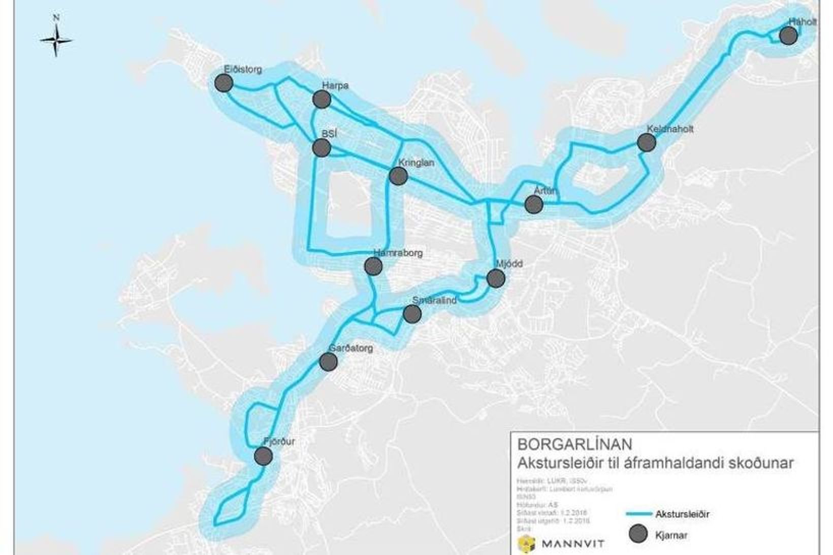 Kort af fyrirætlaðri borgarlínu á höfuðborgarsvæðinu.