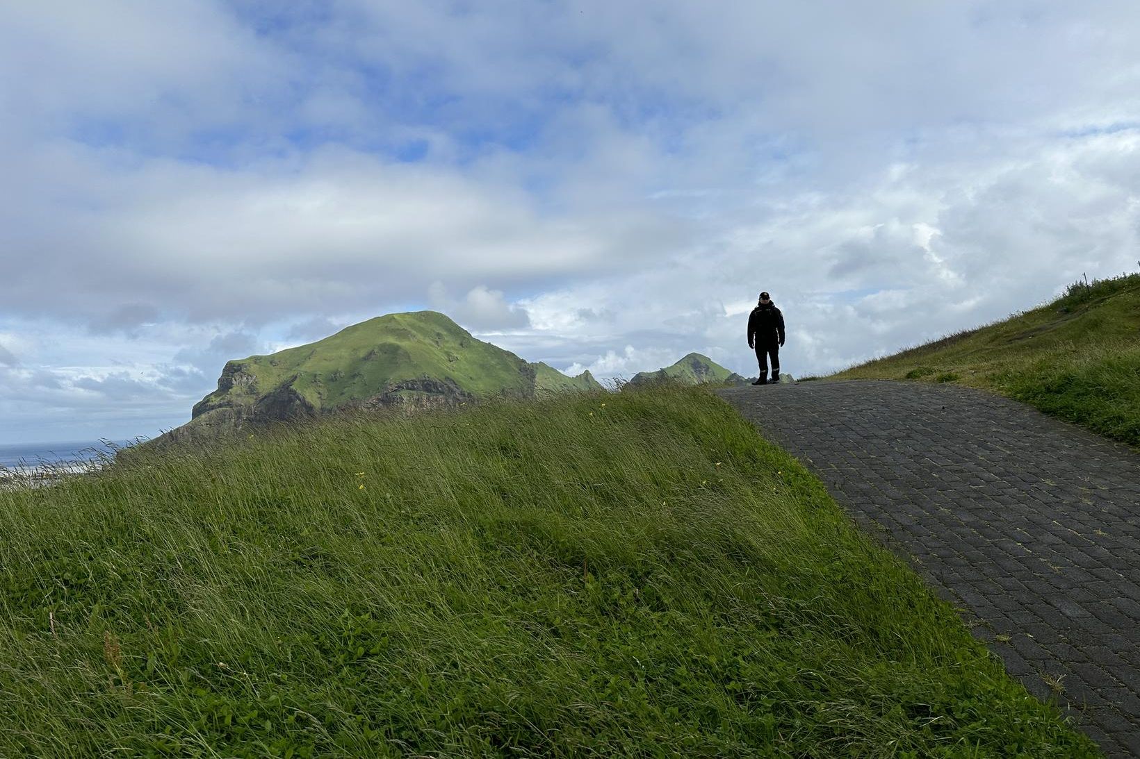 Einn lögreglumaður fyrir utan Eldheima.