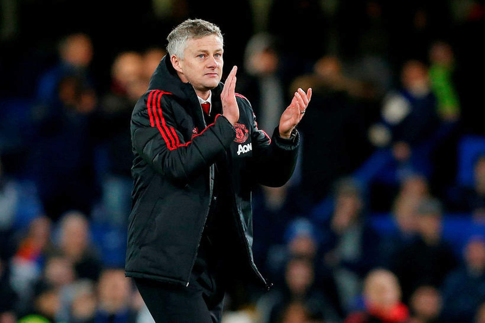 Ole Gunnar Solskjær fagnar sigri Manchester United gegn Chelsea á …