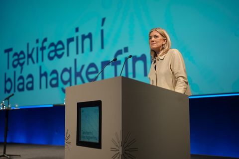 Hanna Katrín Friðriksson á ársfundi SFS í Sifurbergi í Hörpu.