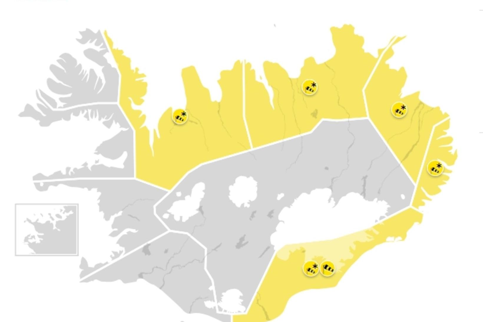 Gular veðurviðvaranir eru víða um land vegna hríðarveðurs og hvassviðris.