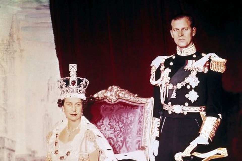 Elísabet Englandsdrottning og eiginmaður hennar Filippus prins á krýningardag Elísabetar, 2. júní 1952.