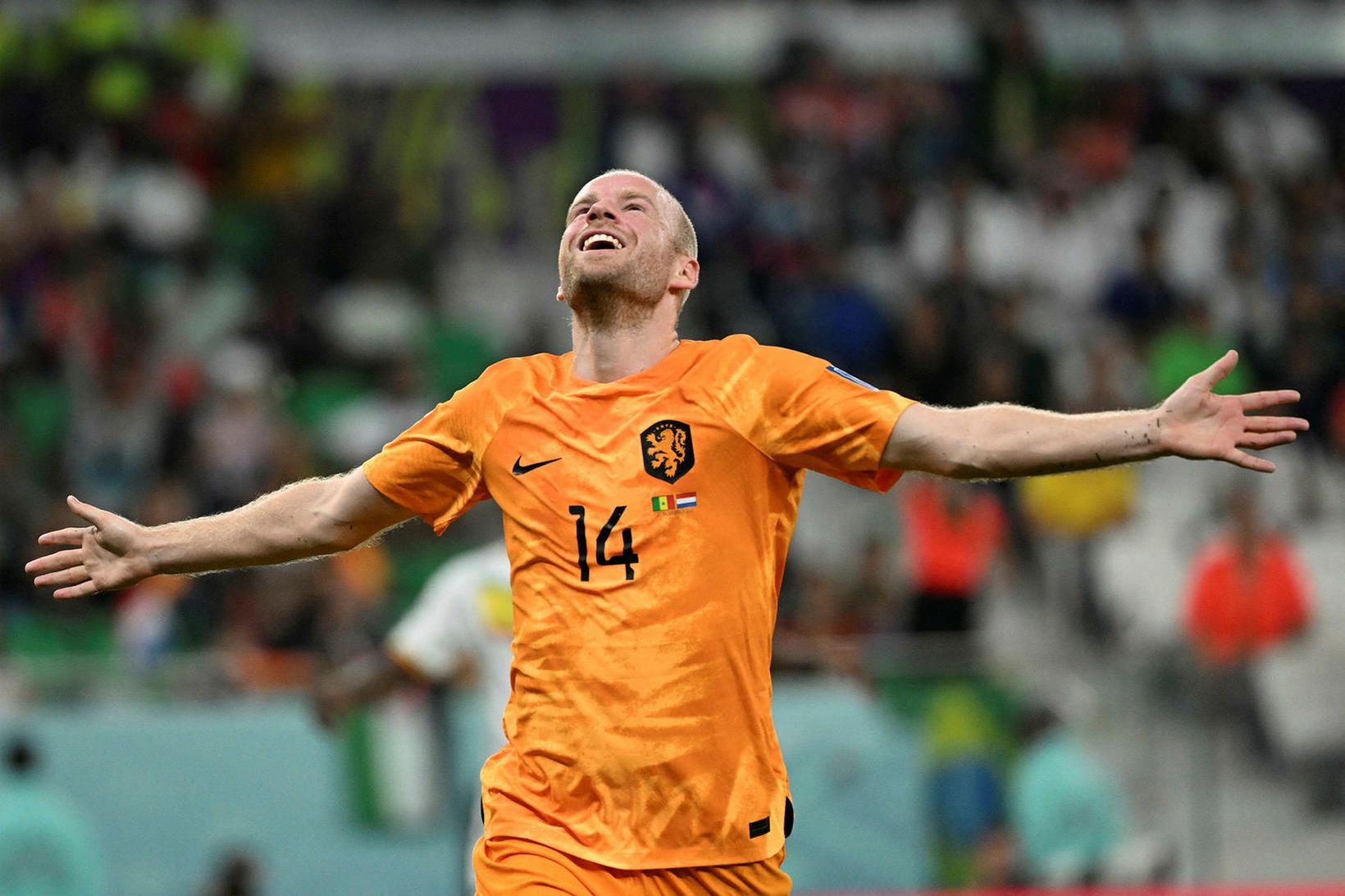 Davy Klaassen fagnar eftir að hafa gulltryggt Hollandi sigurinn gegn …