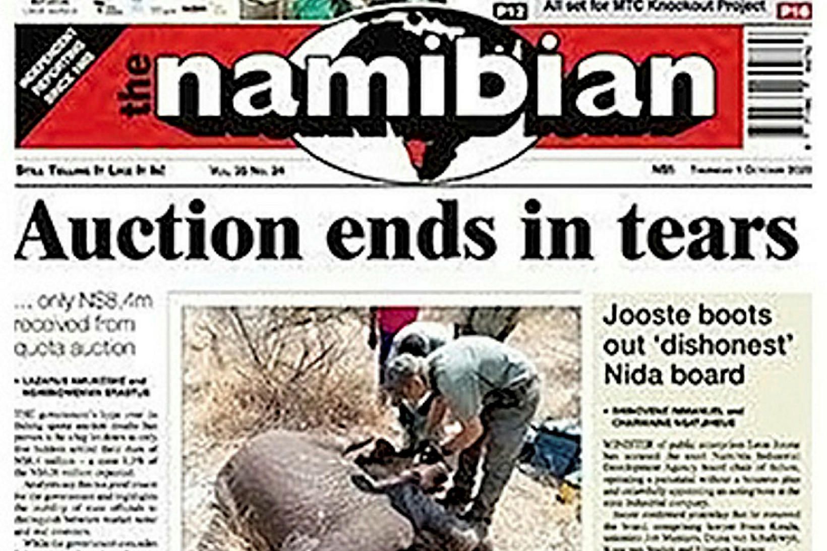 Forsíða The Namibian: „Uppboðið endar með tárum.“