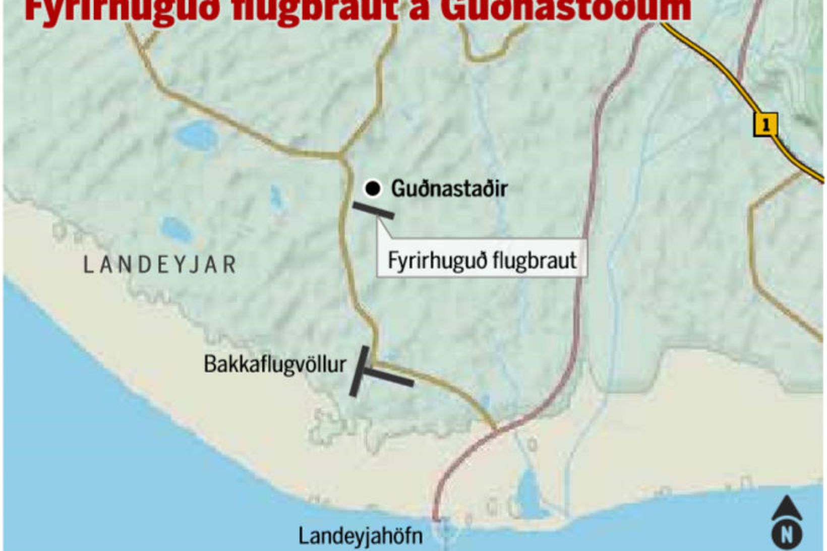 Fyrirhuguð flugbraut í landi Skækils við Bakkaveg.
