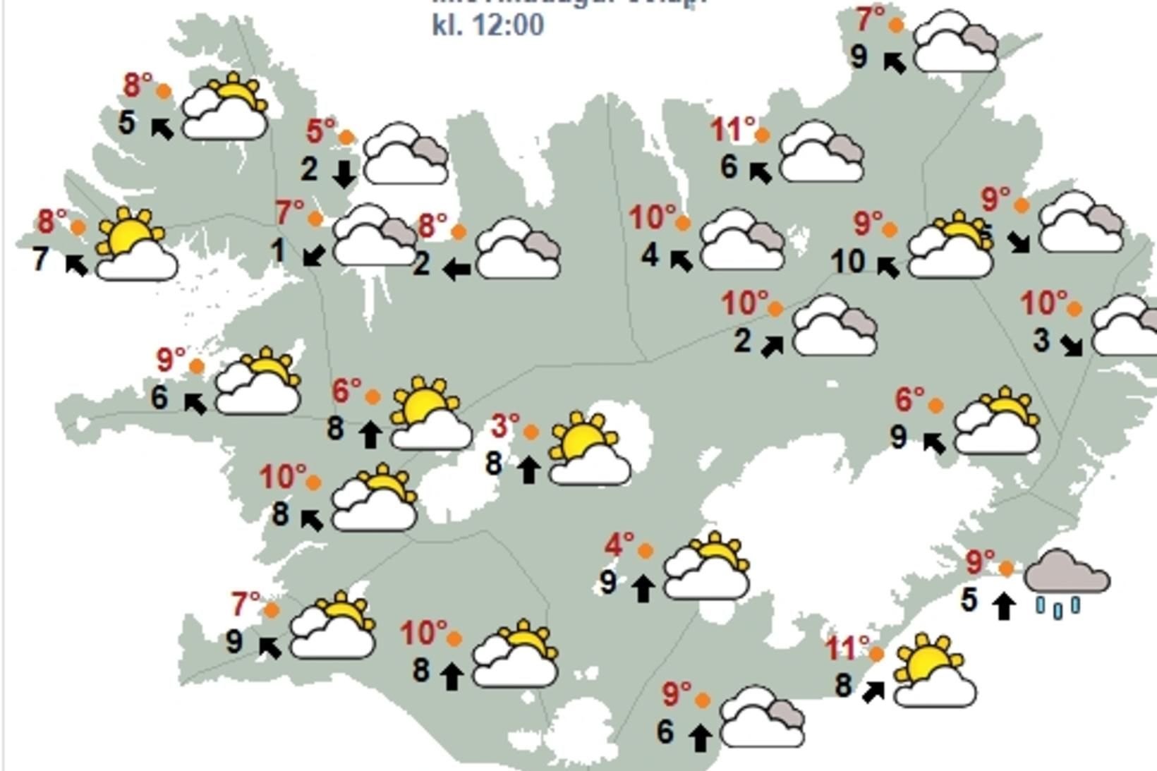 Kort Veðurstofu Íslands klukkan 12 á hádegi.
