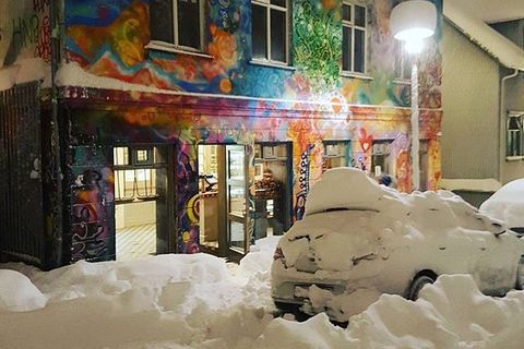 The first branch of Brauð & Co is located in this funky building in downtown Frakkastígur, This photo was taken during last week's bout of heavy snow.