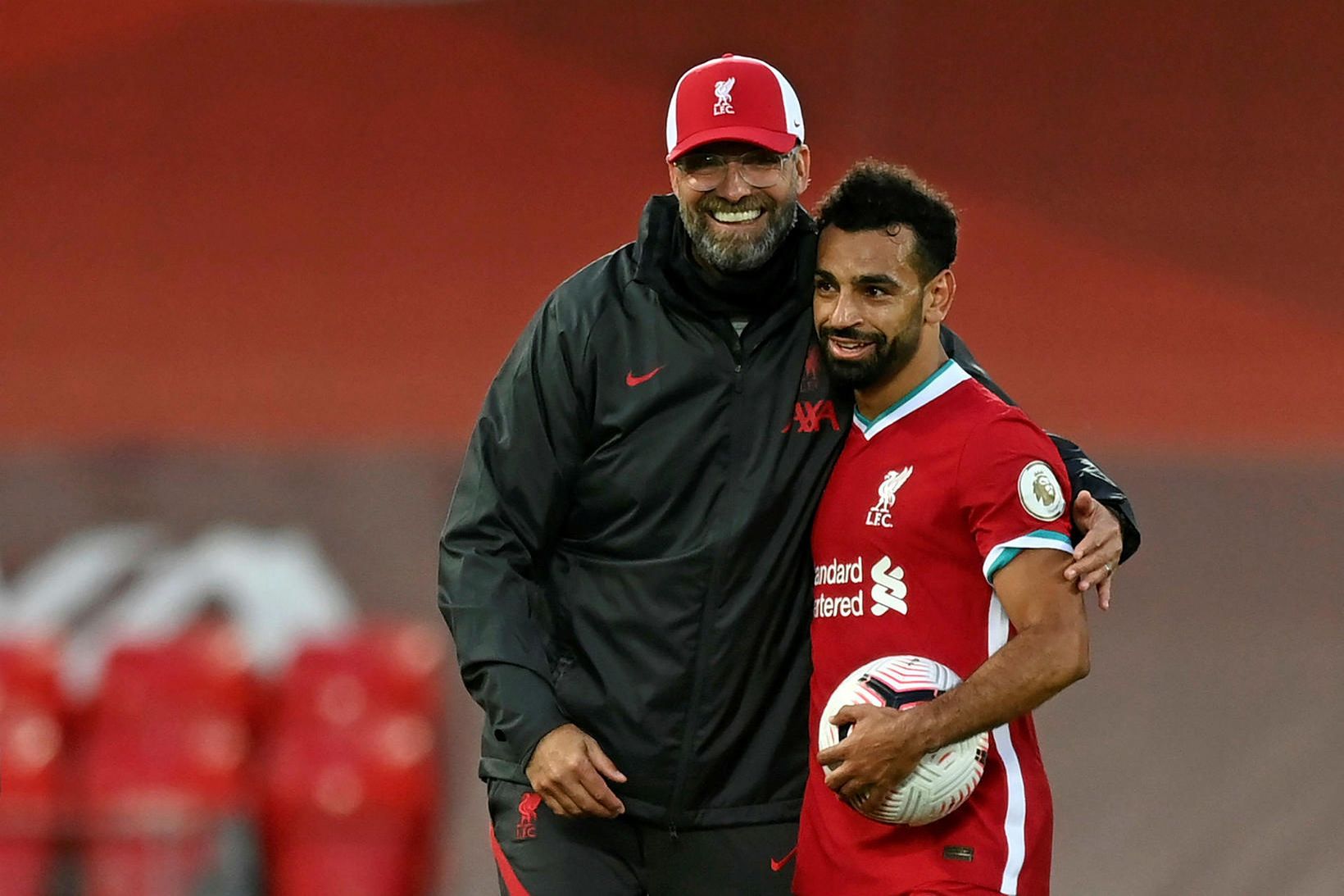 Jürgen Klopp og Mohamed Salah á góðri stundu.