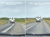 Í myndskeiðinu má sjá ferðamennina aka yfir óbrotna miðlínu á bundnu slitlagi.