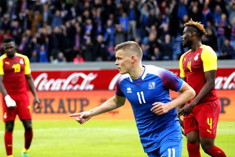 Alfreð Finnbogason celebrates after the team's second goal.