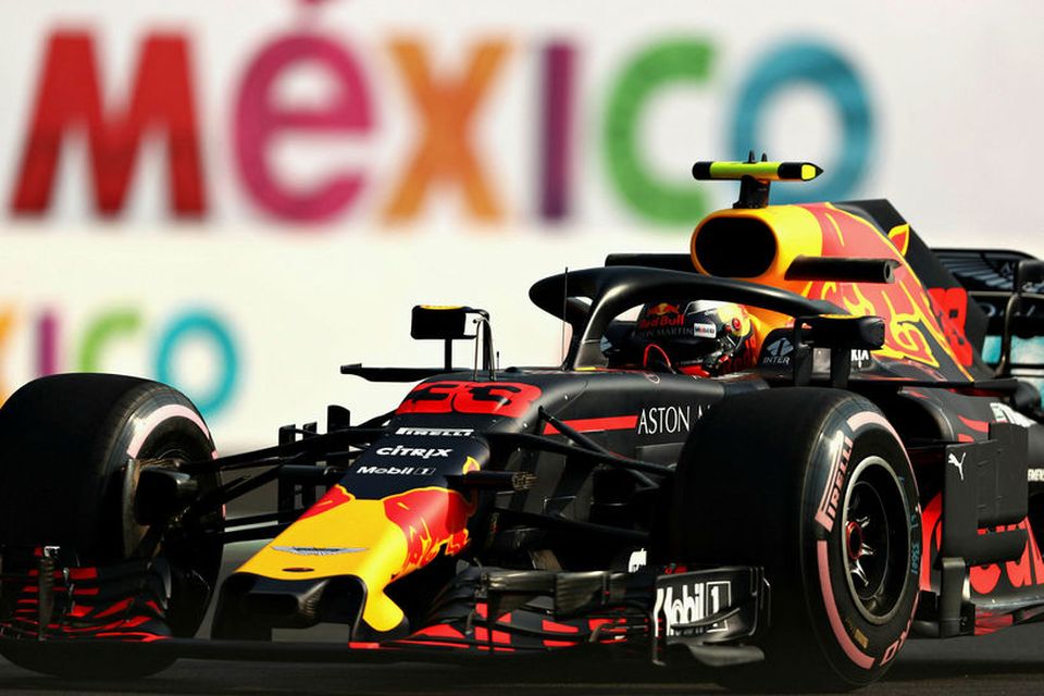 Max Verstappen á æfingunni í Mexíkó í dag.