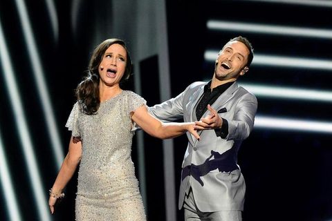 This year's Swedish hosts, Petra Mede and Måns Zelmerlöw.
