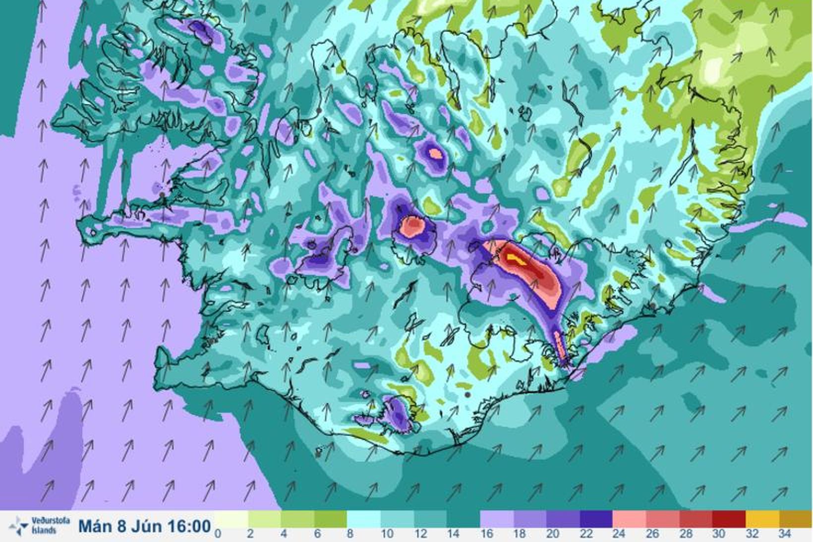 Vindaspá kl. 16 á morgun, 8. júní.