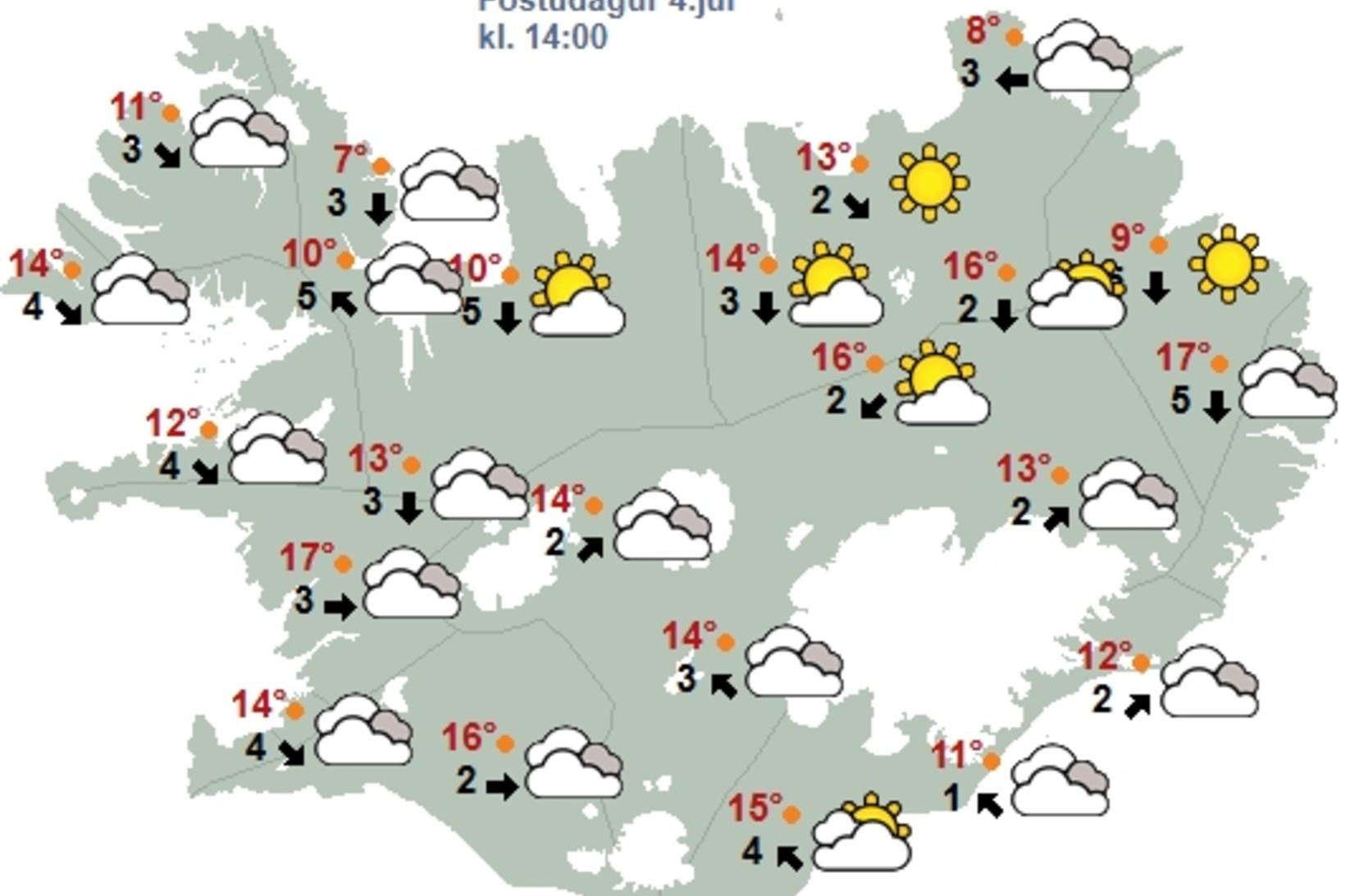 Kort Veðurstofu Íslands klukkan 14 í dag.