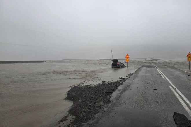 The Ring Road near Jökulsá í Lón, just east of Höfn, was washed out this morning, leaving a 50-meter section destroyed.