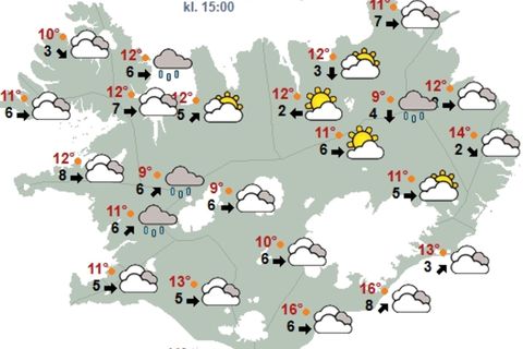 Kort Veðurstofu Íslands klukkan 15 í dag.