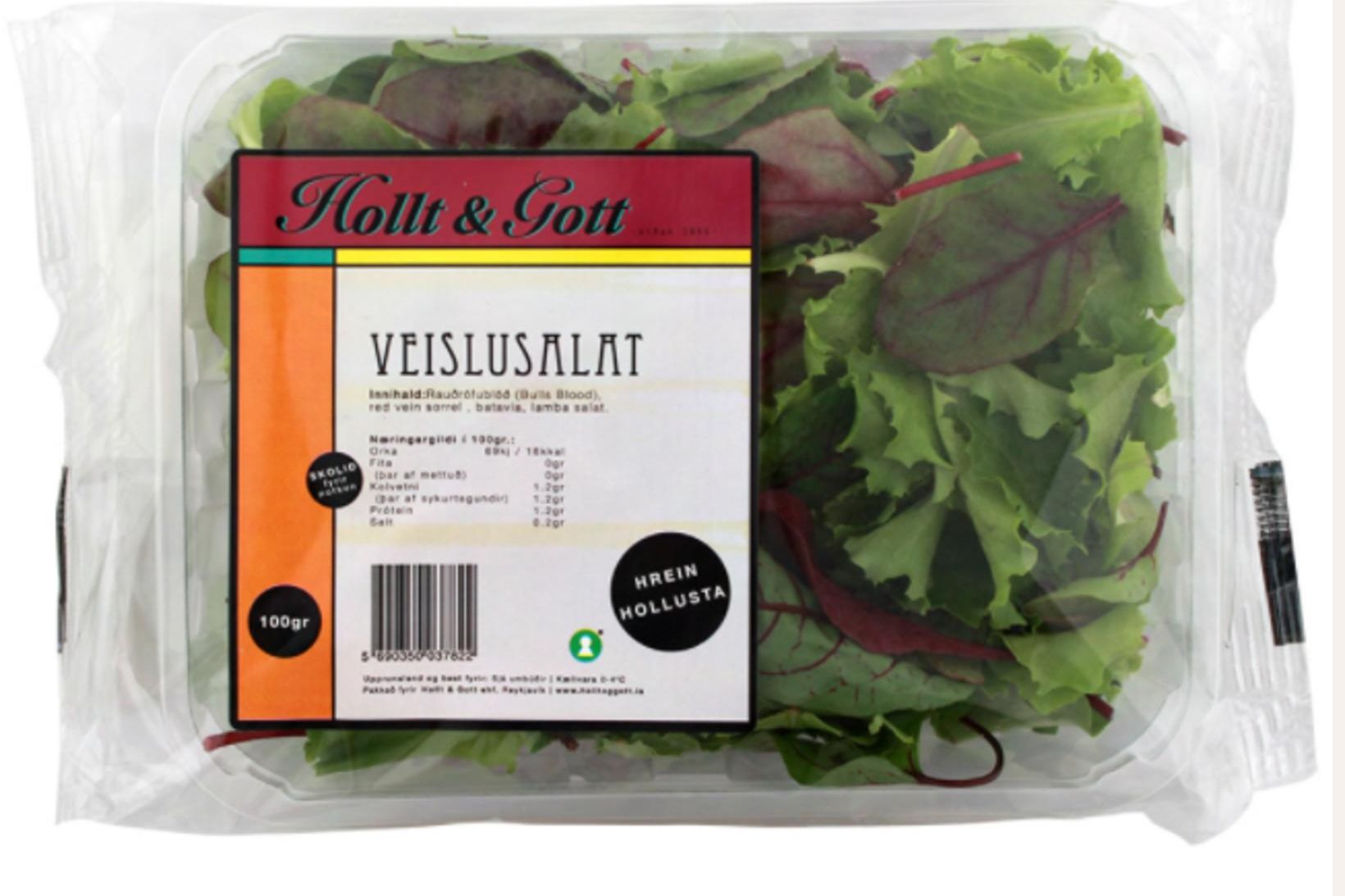Svona líta salatpakkningarnar út sem verið er að kalla inn.