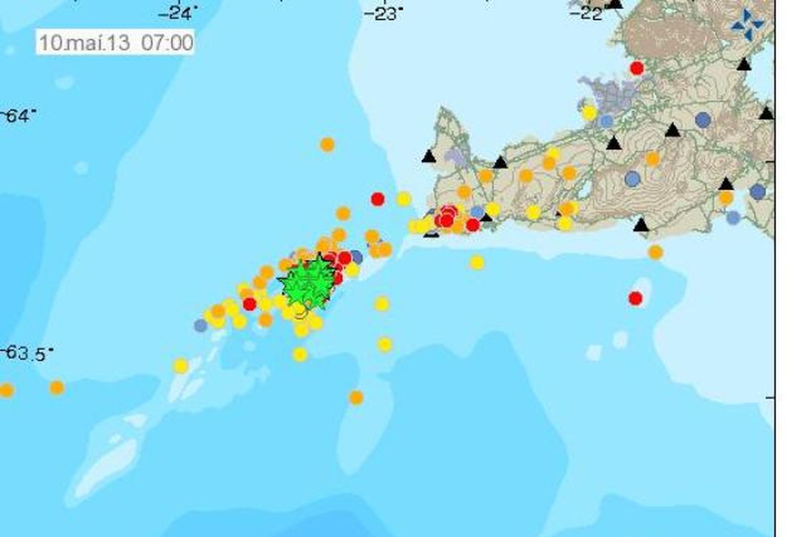 Staðsetning skjálfta á Reykjaneshrygg, óyfirfarnar niðurstöður.